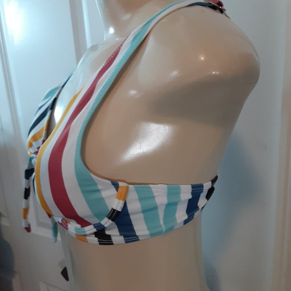 White/Red/Blue/Yellow/Black Multicolored Striped Tie Bust Bikini Top - Picture 8 of 14